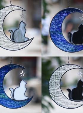 彩色玻璃宠物猫狗月亮挂件水纹玻璃镶嵌创意纪念礼物亚马逊热卖