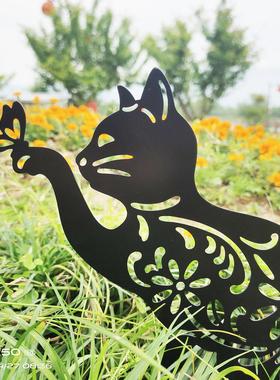 亚马逊新款金属花园摆件创意烤漆镂空猫景观装饰铁艺工艺品插件