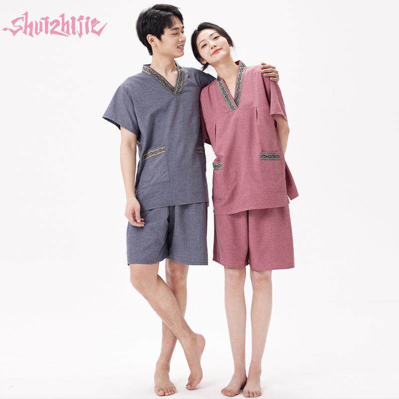 新款高档棉麻汗蒸服女款男款盐蒸酒店洗浴衣浴服套装采耳足疗按摩