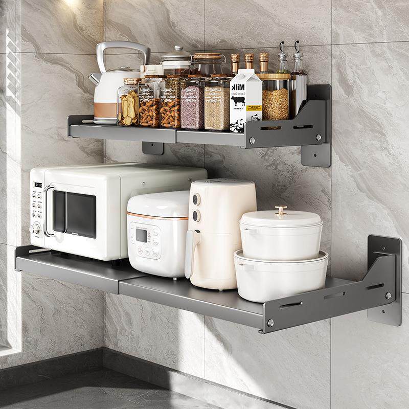 可伸缩厨房微波炉置物架免打孔挂墙上放烤箱架子家用壁挂式收纳架