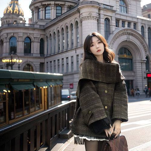 韩版复古格纹加厚保暖毛呢大衣