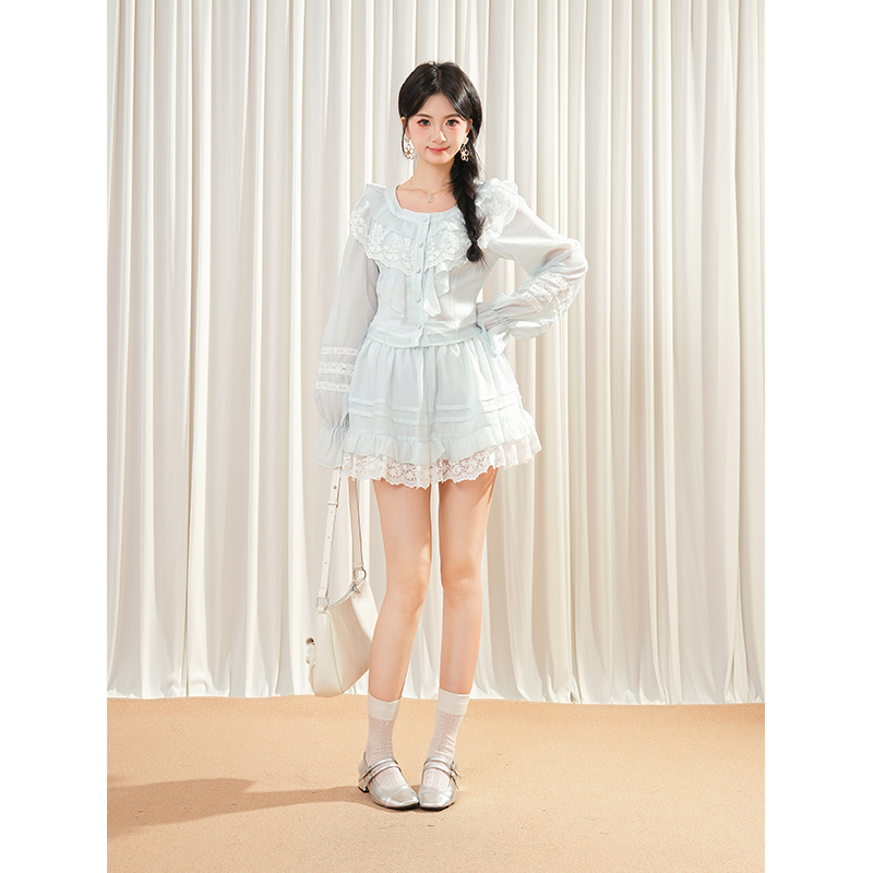 薄荷海盐 秋季甜美学院风拼接蕾丝衬衫薄款上衣+A字半身裙两件套