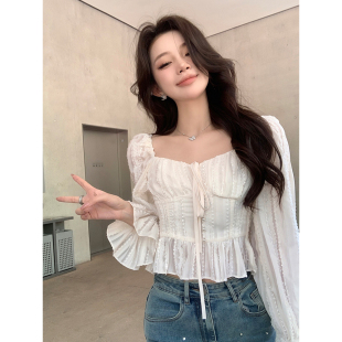 衬衣 一眼心动 白色提花蕾丝系带小衫 女法式 洋气甜美方领喇叭短款