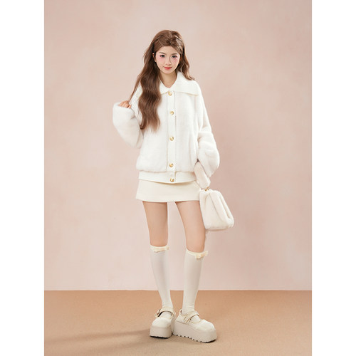 初茶白露韩系千金风百搭外套白色半身裙两件套小众百搭气质套装冬