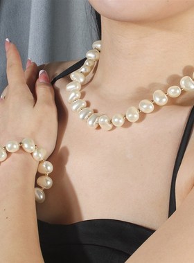 欧美夸张珍珠项链 耳环手镯三件套装 简约气质锁骨链颈链女 19640