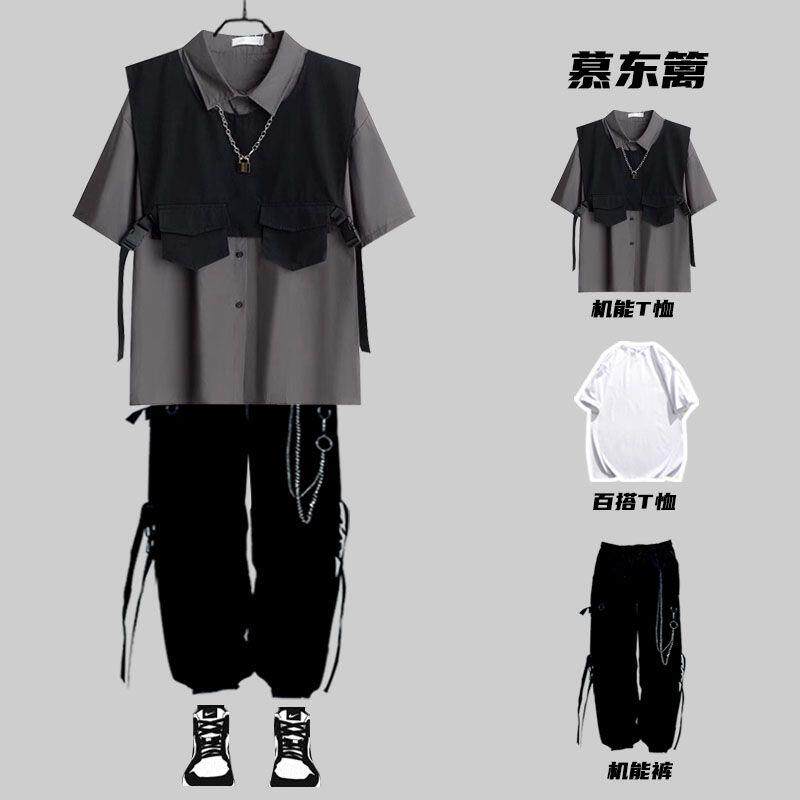 暗黑系机能工装男潮牌夏季宽松衬衫嘻哈短袖衬衣一套搭配马甲套装