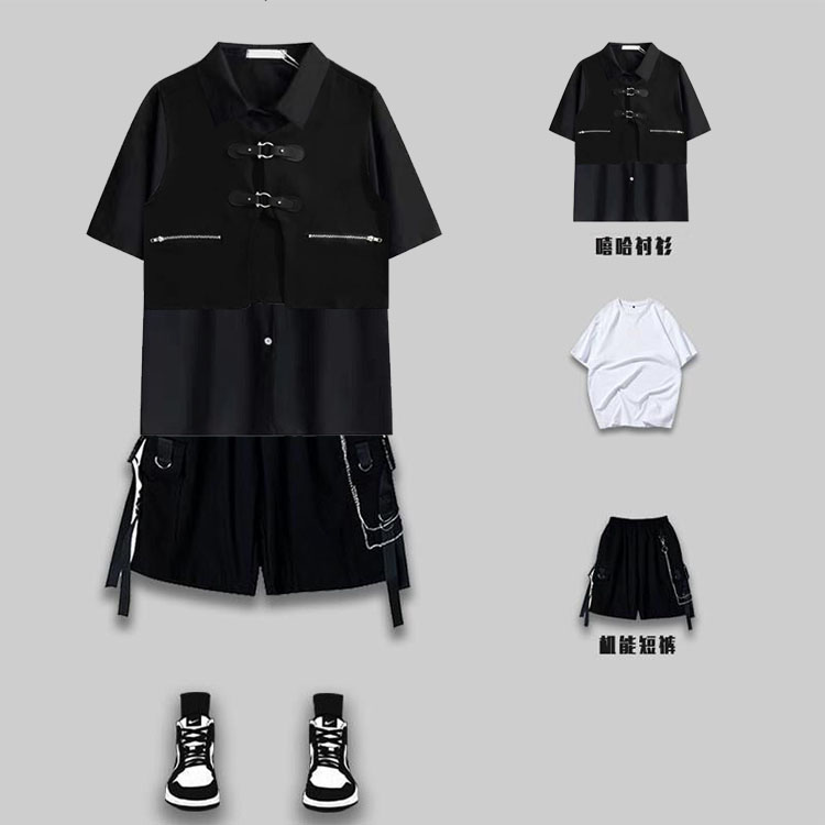 夏季工装短袖衬衫男潮ins机能风衬衣暗黑系寸衫痞帅一套搭配套装
