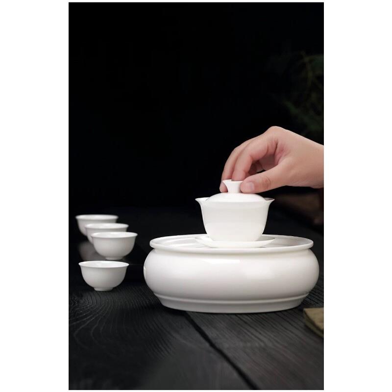 潮汕高端陶瓷圆形纯白骨瓷大号茶盘茶杯盖碗功夫茶具家用小型茶台