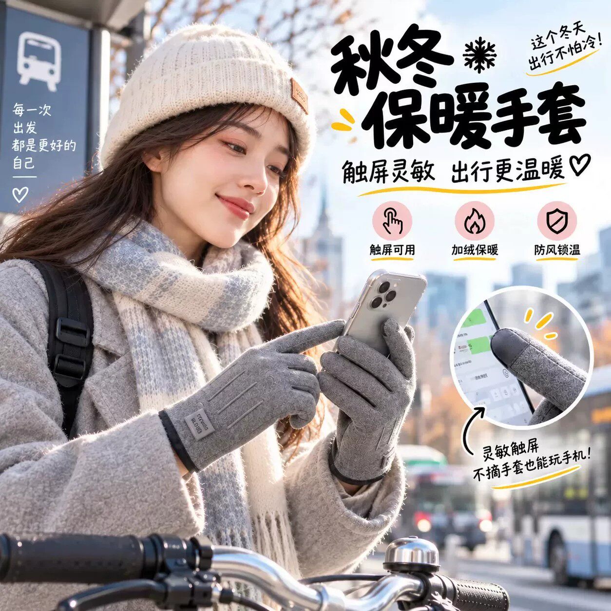 新款冬季保暖手套加绒加厚防寒触屏骑行开车户外运动德绒棉手套