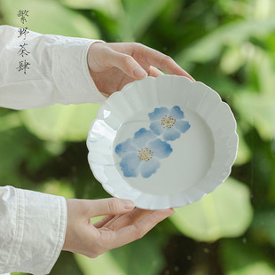繁野白瓷玉泥蓝影海棠圆形壶承干泡台茶承茶桌壶托茶盘点心干果盘