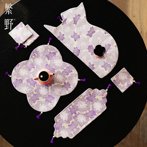 茶席猫咪设计织锦刺子绣干泡席