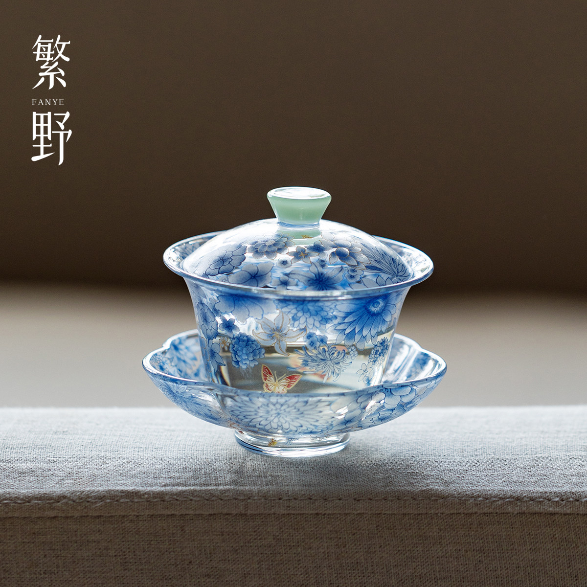 繁野 青花纷蝶粉彩玻璃三才盖碗高端透明高硼硅泡茶碗精致沏茶碗