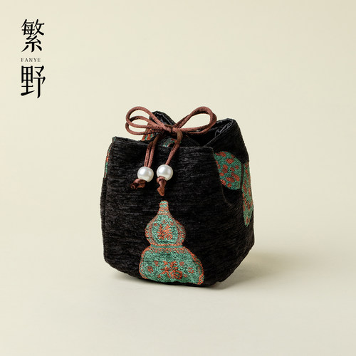 繁野手工刺绣布艺收纳包福禄葫芦花纹束口包茶具配件民族风流苏包