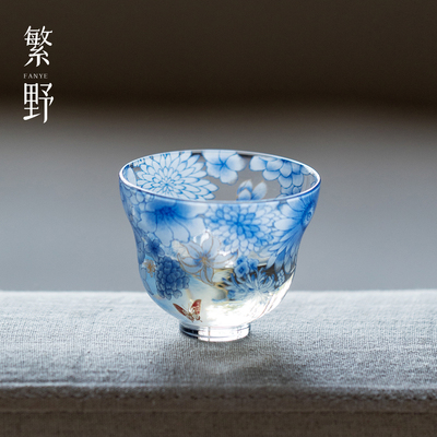 繁野 青花纷蝶粉彩玻璃葫芦主人杯高端原创透明茶杯个人杯品茗杯