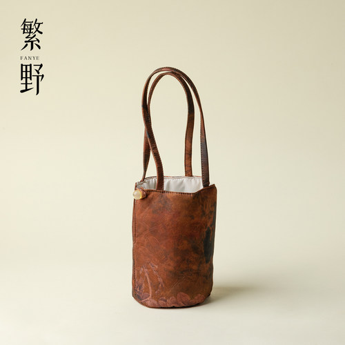繁野香槟金蝶手工刺子绣圆筒收纳袋新中式户外携带茶具手提茶事包