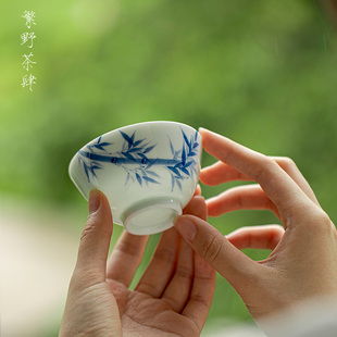 繁野玉泥手绘竹韵青花主人杯白瓷陶瓷茶具盖碗茶杯家用品茗个人杯