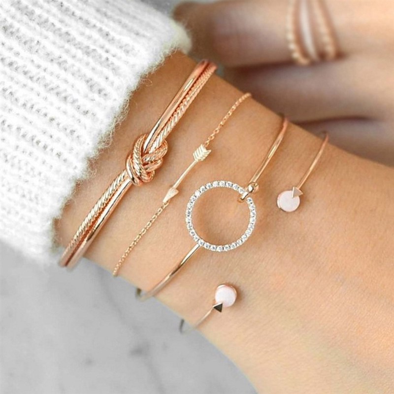 新品jewelry bracelet women 4pcs set 镶钻圆形箭头手镯女手链四