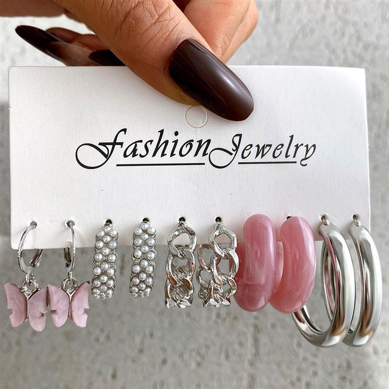 新品Pink Pearl Butterfly Earring Set 5-piece set 耳环套组5件
