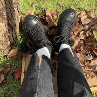 女童纯黑帆布鞋高筒厚底板鞋全黑女鞋学生高腰休闲球鞋黑底小白鞋