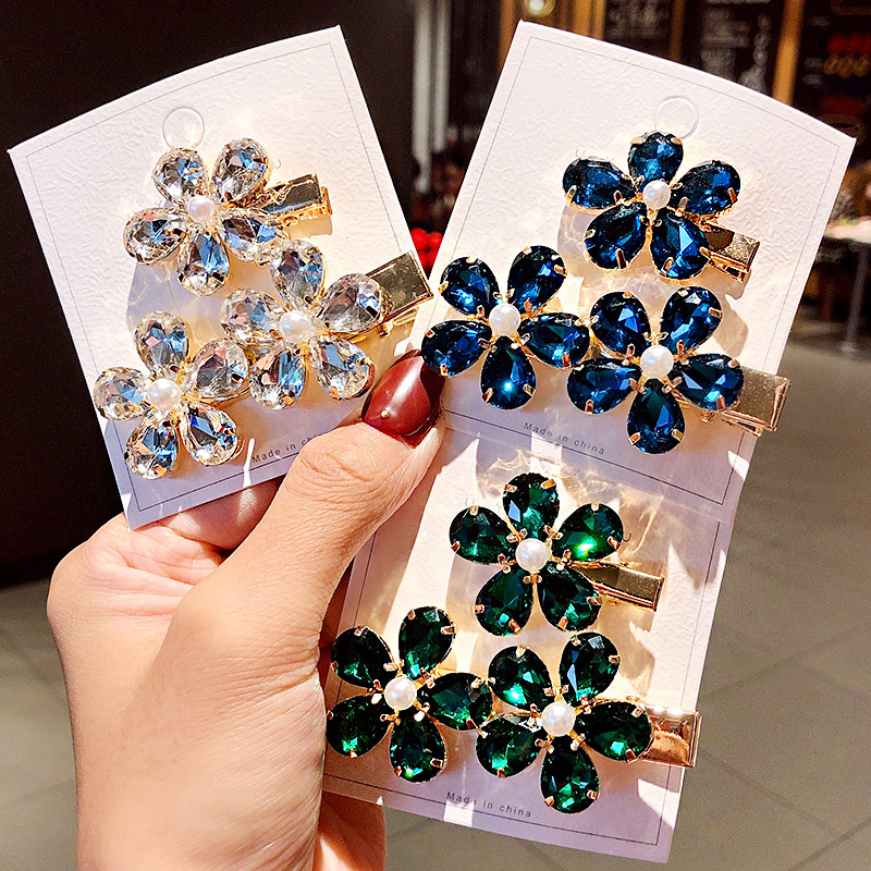 新品2pcs/set Women Luxury Shining Crystal Flower Alloy Hairp