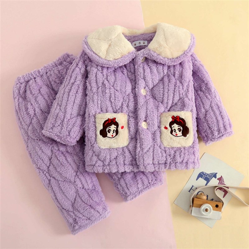 冬季儿童睡衣加厚法兰绒家居服套装男童小女孩三层夹棉加绒珊瑚绒