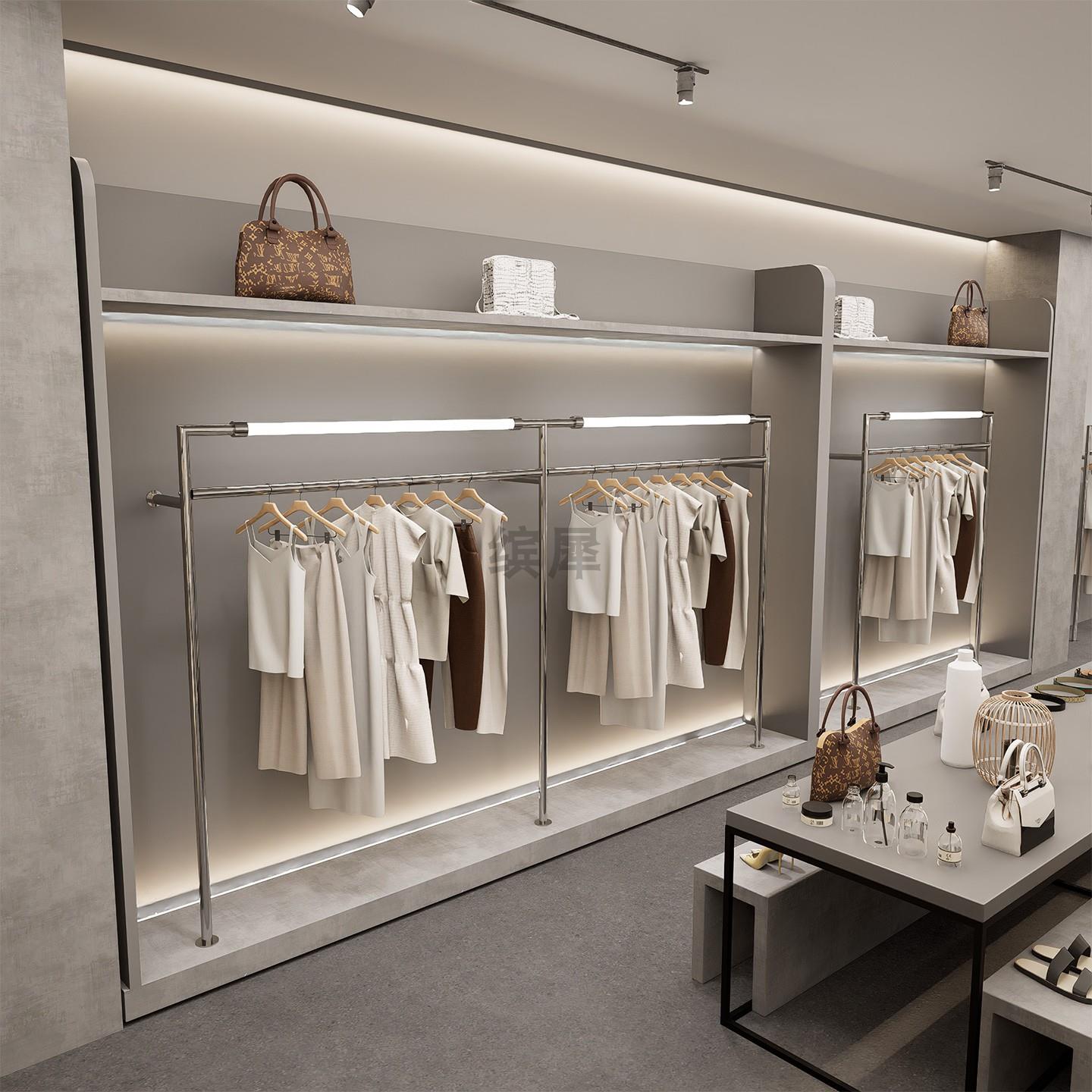 服装店陈列架上墙架创意带灯光货架组合不锈钢挂衣架女装店展示架