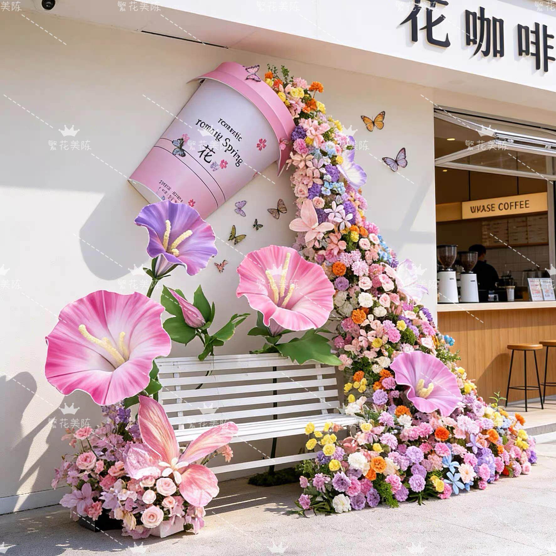 网红奶茶彷真花瀑布装饰婚庆绢花创意氛围感花朵造型户外门头花艺