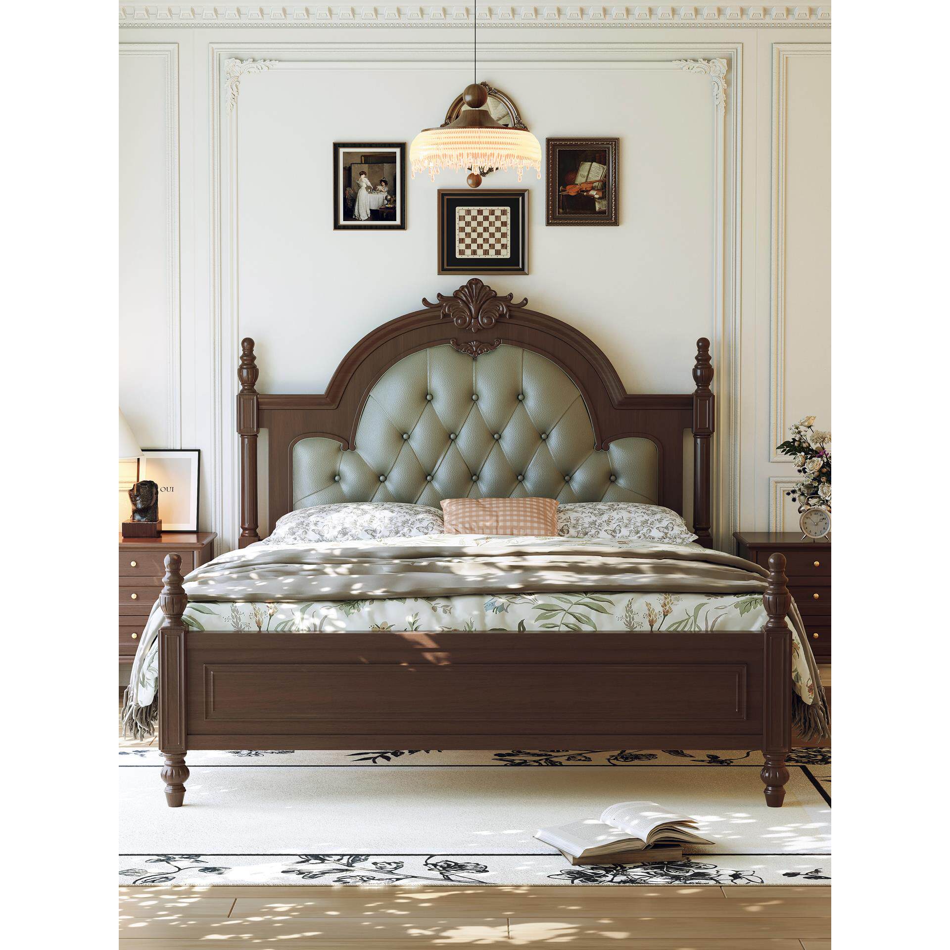 覆古实木双人床1.8米X 2米大床古董风格胡桃木颜色典雅大气软靠背