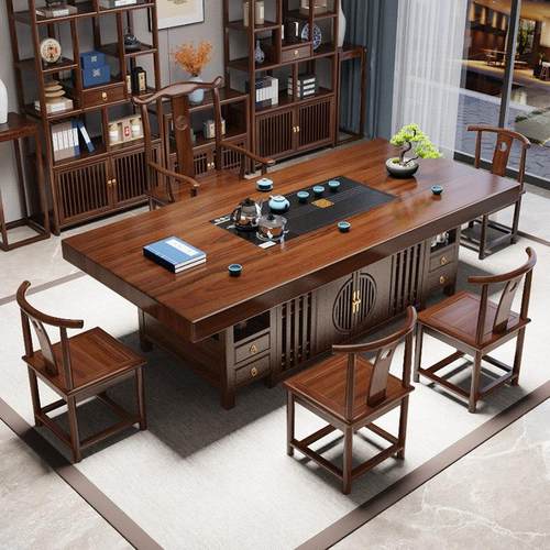 实木大板茶桌椅组合办公室新中式家用简约茶几原木一桌五椅泡茶台