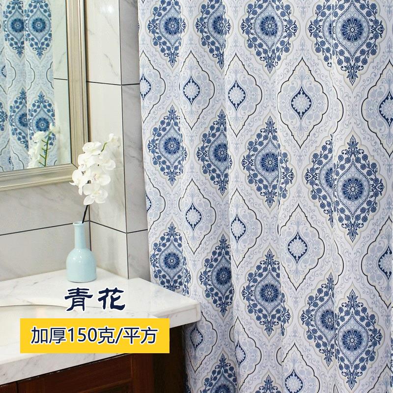 新中式青花浴帘防水布加厚防霉卫生间隔断浴室洗澡帘子淋浴房挂帘