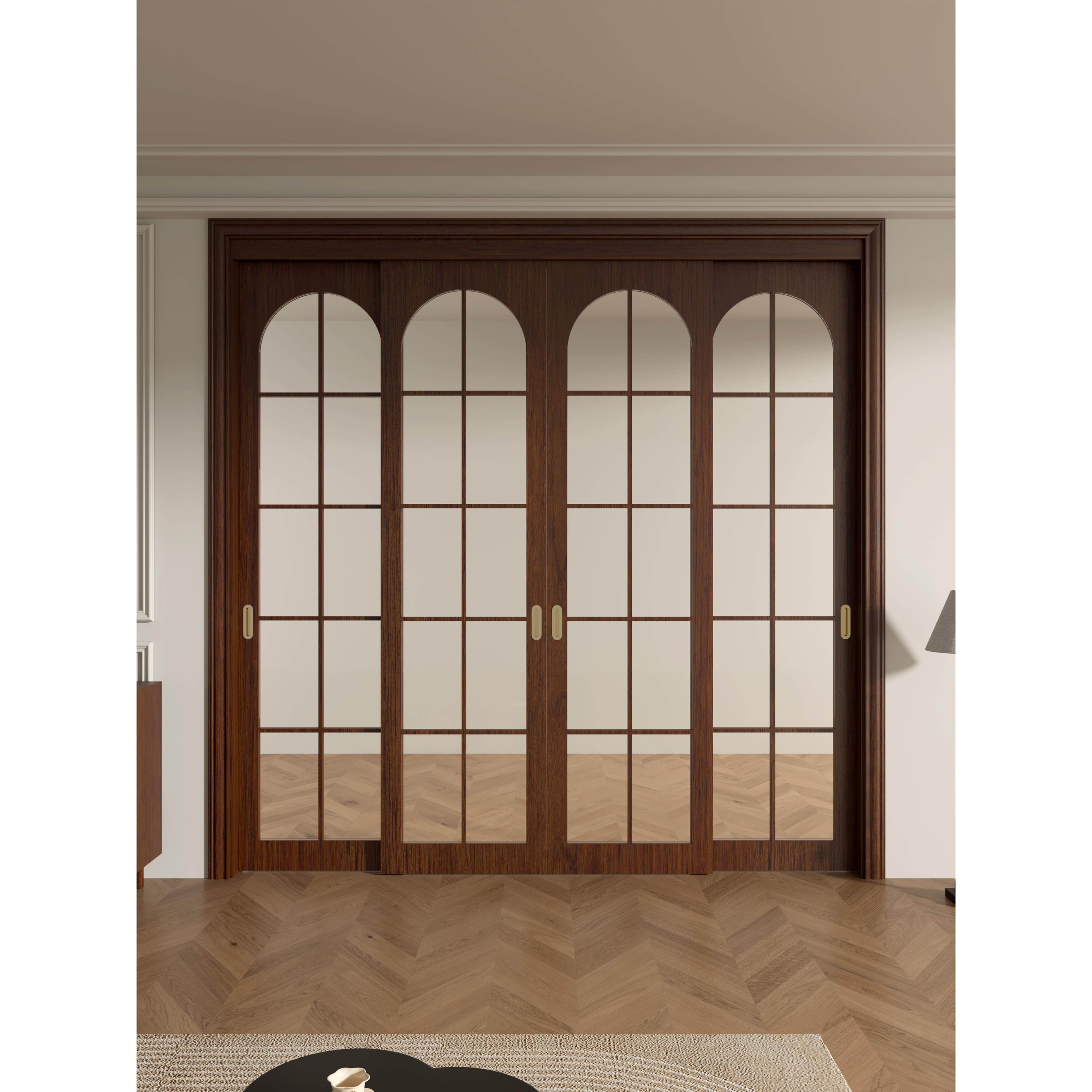 木以木作法式中古风厨房四扇推拉门实木烤漆胡桃木室内吊轨移门