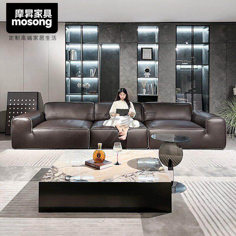 意式极简夏图MD网红现代别墅横厅大坪数客厅全真皮大黑牛沙发组合