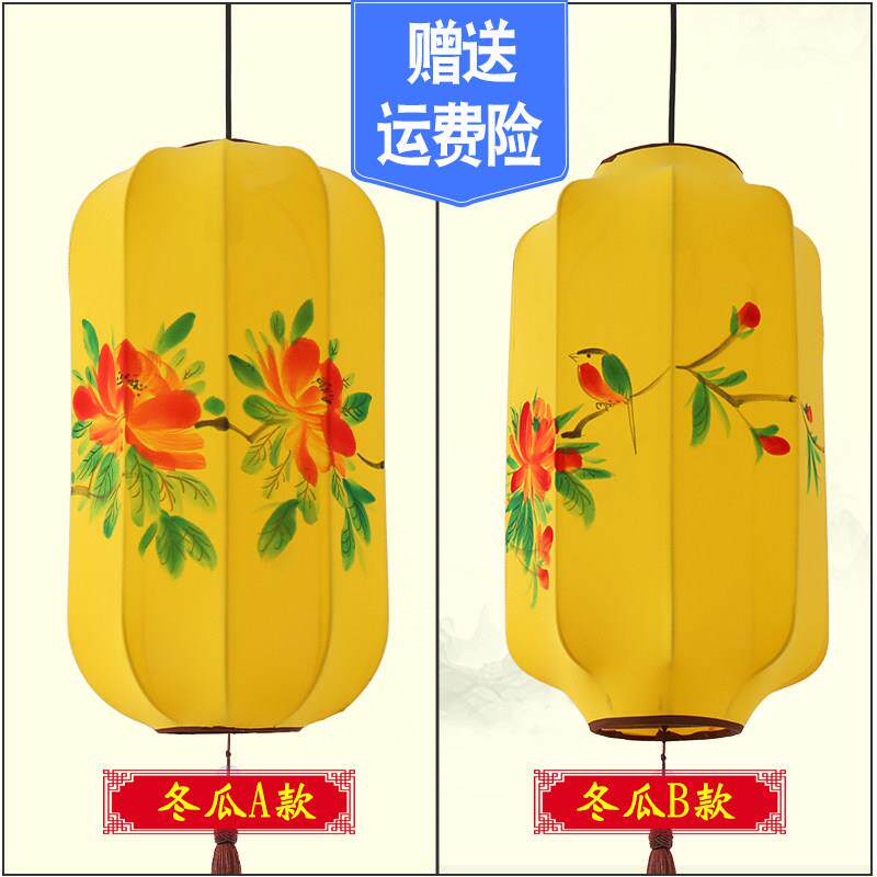 中式布艺手绘灯笼彷古典宫灯饭厅茶楼过道创意冬瓜长形布艺吊灯具