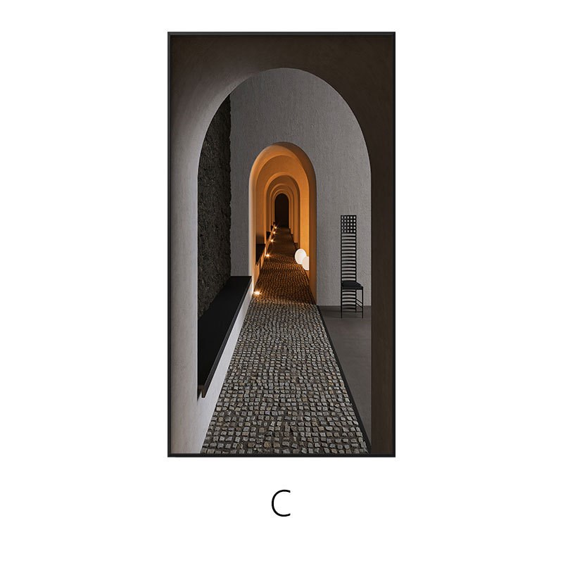工业风空间延伸入户玄关装饰画立体建筑走廊挂Q画超长竖版过道壁图片