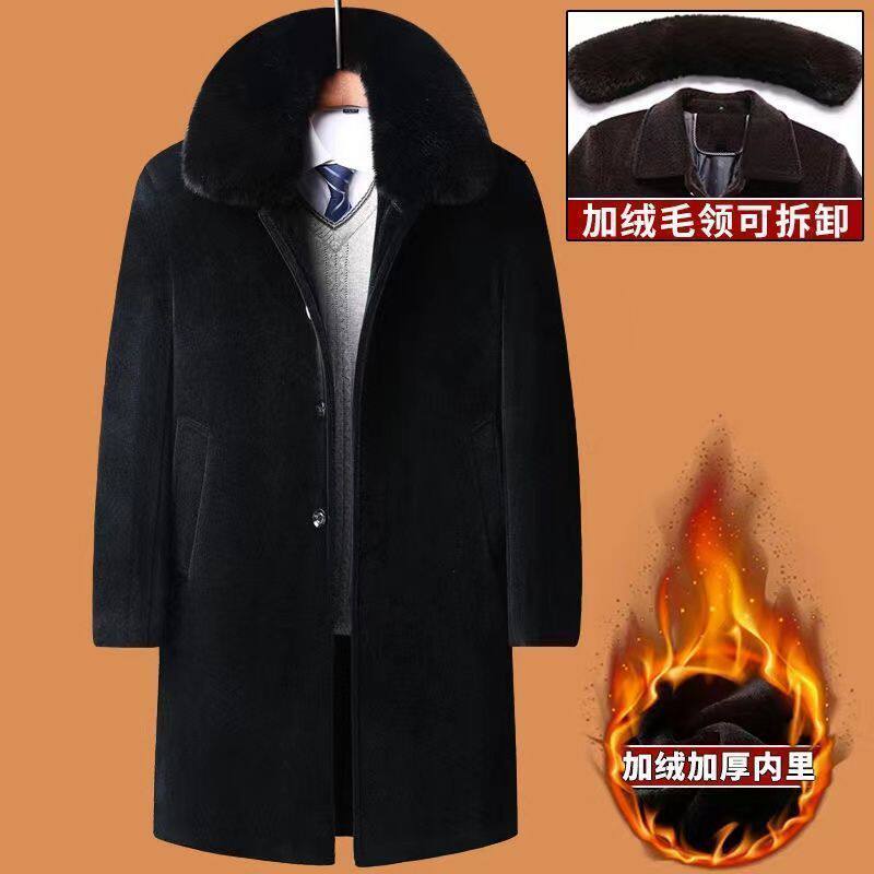 羊毛呢长款大衣男冬季中老年休闲风衣中长款加绒加厚外套保暖衣服