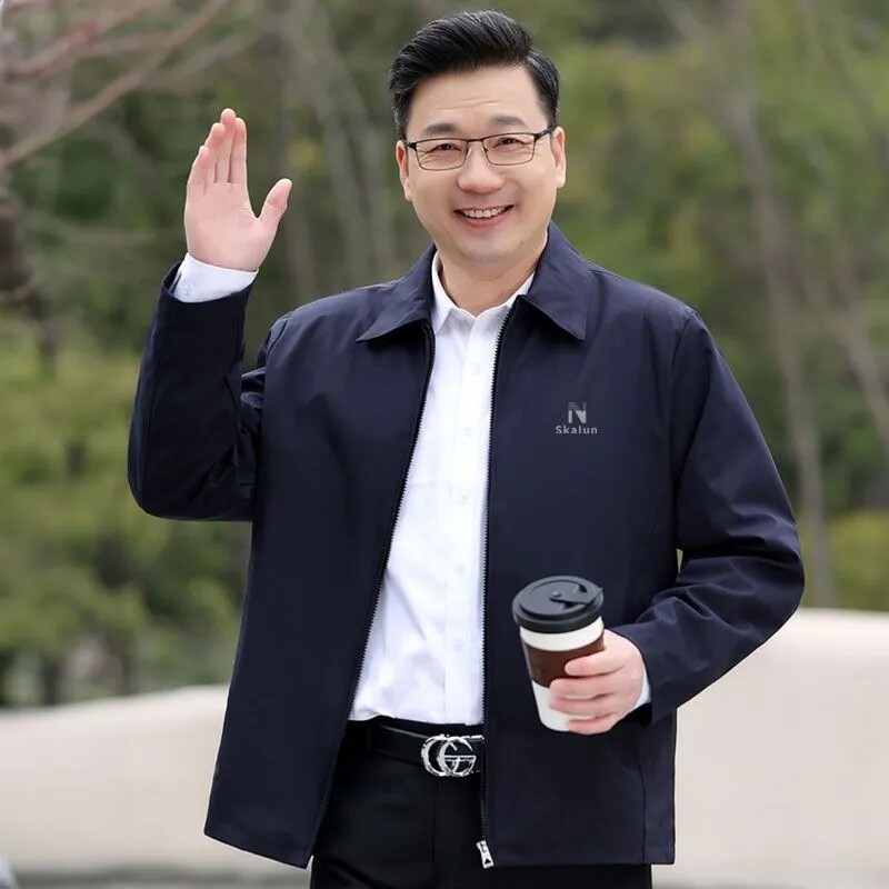 中老年男士春秋宽松商务翻领夹克