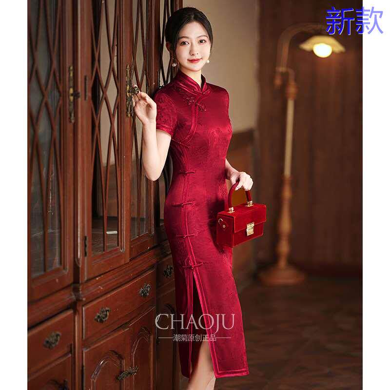 喜婆婆婚宴装202新款夏季4真丝高端桑蚕丝礼服高贵妈妈红色新款