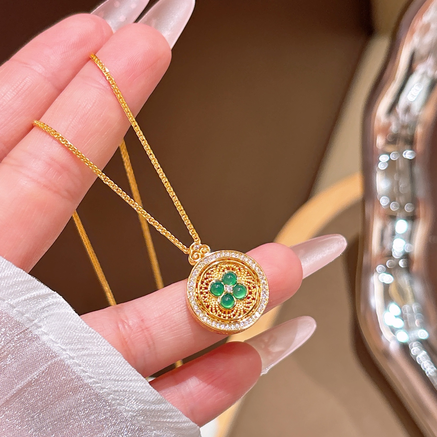 S925银古法镶嵌八宝罗盘项链