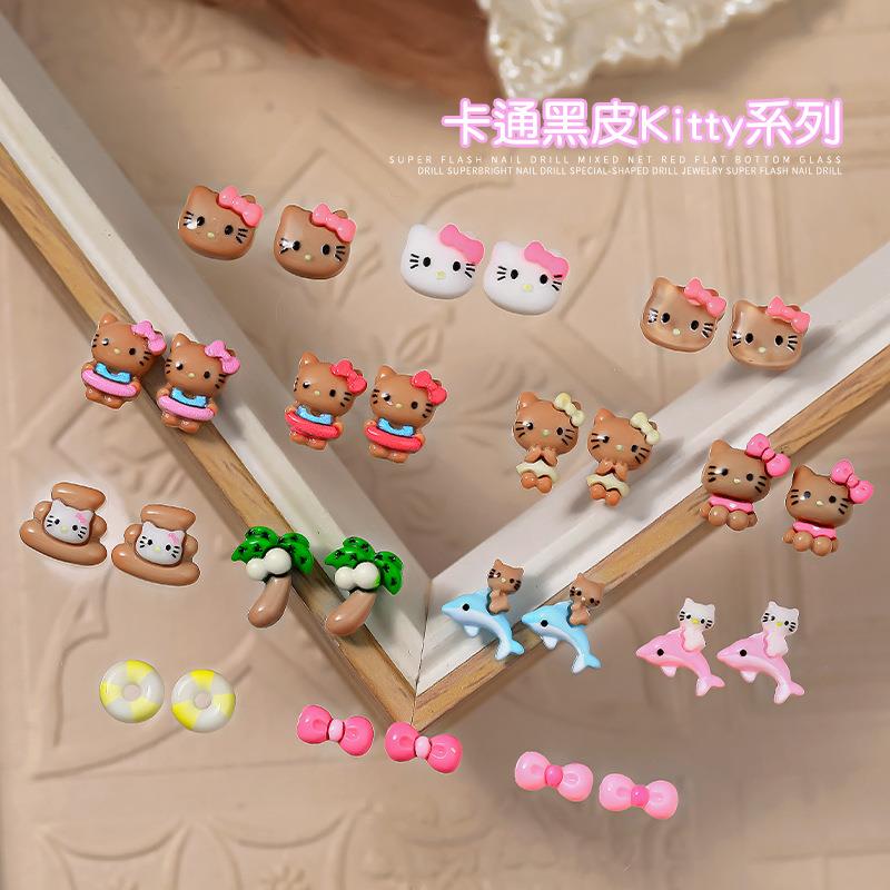 10颗卡通黑皮KT猫美甲饰品爆款立体可爱椰树海豚蝴蝶结穿戴甲饰品