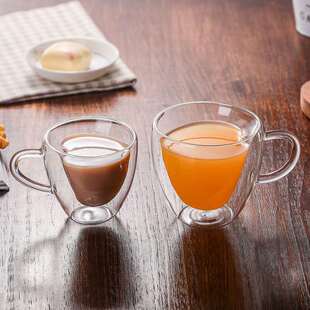 创意玻璃杯带把双层心形杯果汁杯 高鹏隔热茶杯把手爱心杯咖啡杯