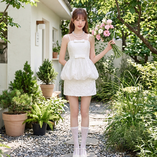 Mamyo Yoo法式甜美风白色刺绣镂空花边吊带蛋糕裙女