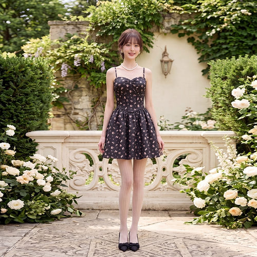 Mamyo Yoo法式甜美风黑色碎花吊带连衣裙女A字少女