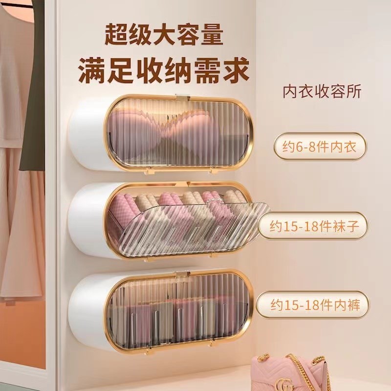 现货速发可批壁挂式收纳盒免打孔三合一内衣收纳盒宿舍衣柜分格箱