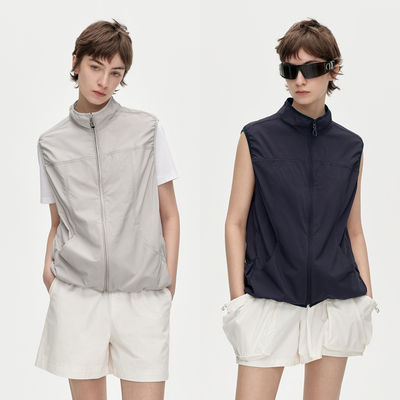 华吉言【环岛】防水透气超轻弹力边立领无袖马甲开衫女春夏上衣