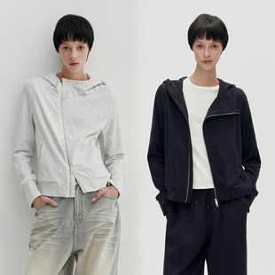 华吉言【斜领卫衣】天丝棉混纺定制斜拉链修身连帽卫衣外套女春季