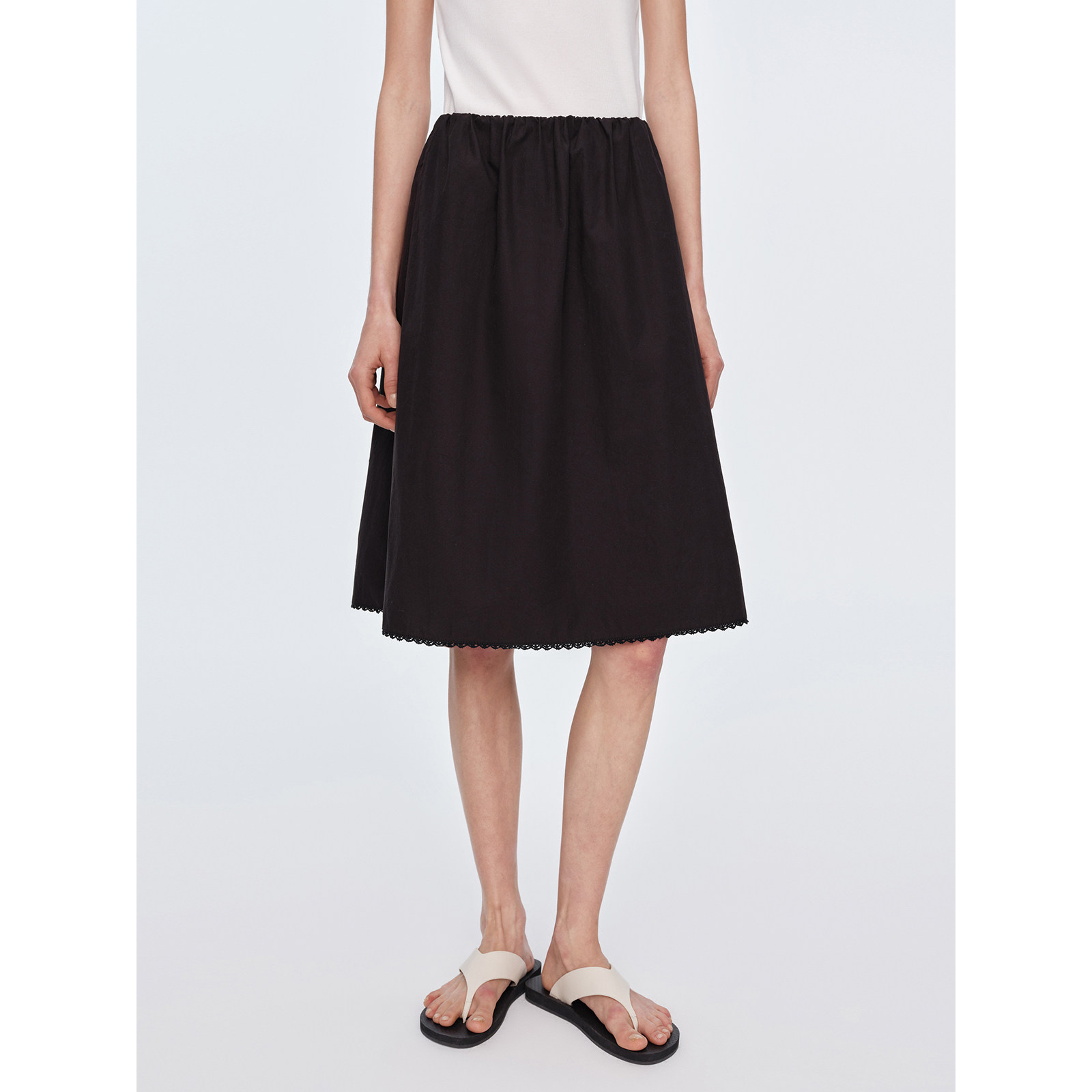 华吉言【清墨裙】100棉弹力松紧腰蕾丝花边中长款A字半裙