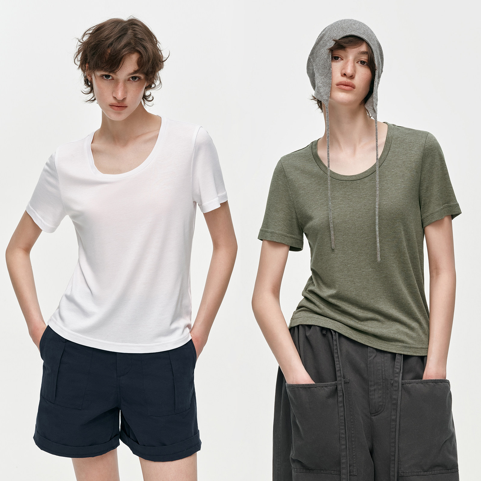 华吉言【奶皮T】天丝醋酸舒适百搭U领宽松正肩短袖T恤女夏季上衣