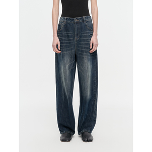 华吉言【裂纹牛仔】复古丹宁面料手工立体猫须高腰牛仔长裤