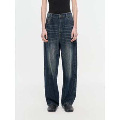 华吉言【裂纹牛仔】复古丹宁面料手工立体猫须高腰牛仔长裤