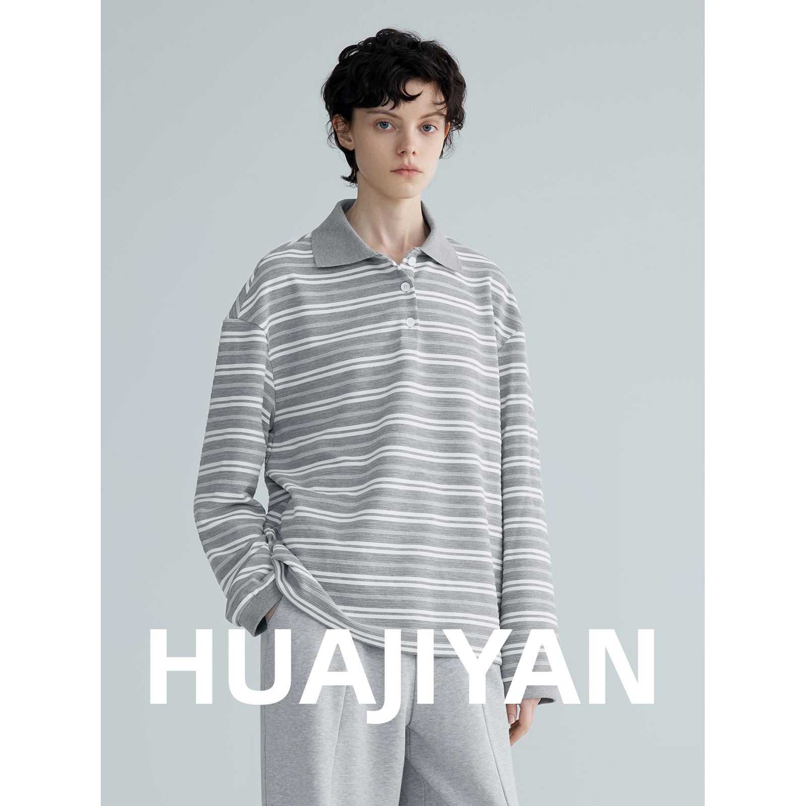 华吉言【灰调】经典舒适立体横条纹polo领长袖上衣